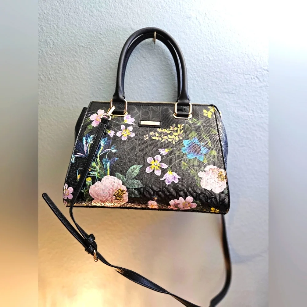 Leather Calvin Klein Black and Multi Color Floral Purse - Picture 3 of 6